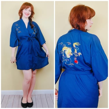 1970s Vintage Health Brand Viscose Dragon Robe / 70s / Seventies Embroidered Blue Dressing Gown / Large 