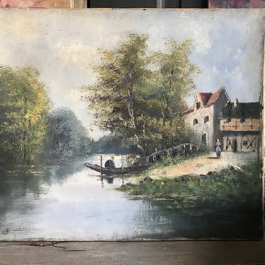 Antique Oil on Canvas Painting, French Pastoral River Scene, French Farmhouse 
