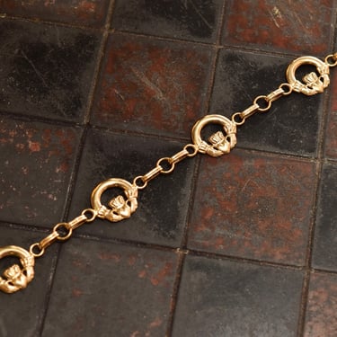 WRE 14K Gold Irish Claddagh Link Bracelet, Symbol Of Love, Loyalty & Friendship, Vintage Yellow Gold Bracelet, 7 3/4