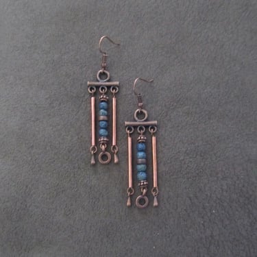 Copper and teal lava rock chandelier earrings 