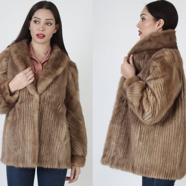 Striped Real Brown Mink Coat, Luxurious Soft Tall Fur Back Collar, Warm Winter Womens Overcoat 