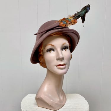 Vintage 1960s Mr. John Taupe Wool Cloche Hat w/Coque Feathers, Mid-Century Fall Fashion Designer Accessory, One Size Fits All, VFG 