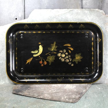 Gorgeous Metal Tole Tray | Hand-Painted Rectangle | Beautiful Black Painted Metal Tray with Grape and Bird Design | Bixley Shop 