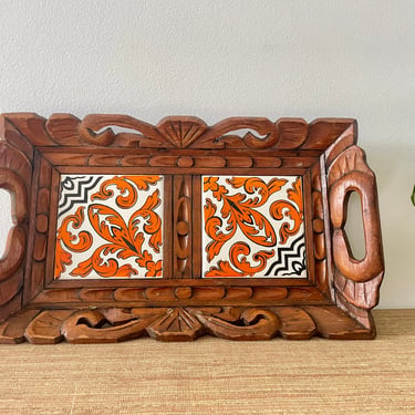 Vintage Wood Tray - Mexican Hand Carved Tile Wood Tray With Handles - Orange White Tile Tray - Wood Serving Tray 