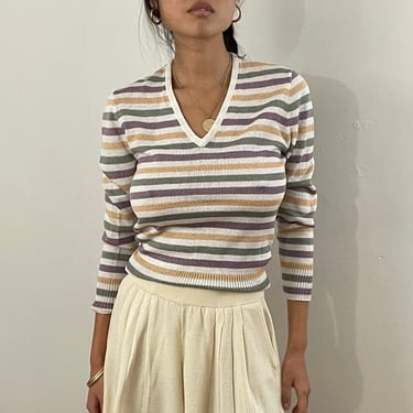 70s striped sweater / vintage pastel stripes lightweight knit cropped pullover V neck sweater | Small 
