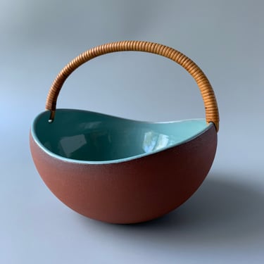 Edith Nielsen Zuethen Studio Ceramic Terracotta Basket with Rattan Handle 