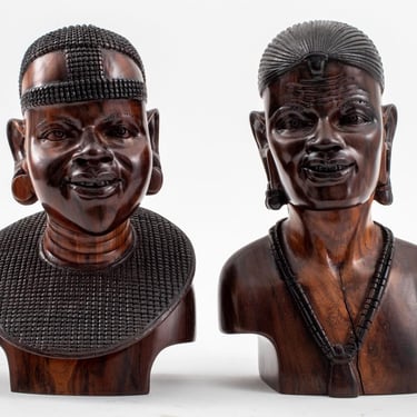 African Ndaka Hardwood Carved Busts, Pair