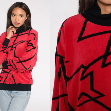 Red Velour Sweatshirt 80s 90s Mock Neck Geometric Shirt Slouchy Mockneck Black Pullover Jumper 1980s Nordstrom Medium 