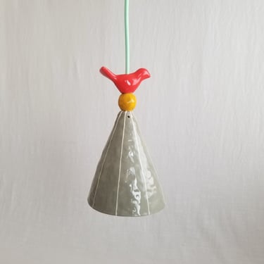 Small pendant light w/whimsical bird. White or colorful ceramic 