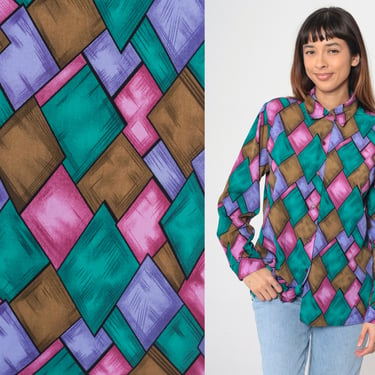 90s Geometric Shirt Mosaic Stained Glass Print Button Up Blouse 1990s Vibrant Harlequin Diamond Top Vintage Long Sleeve Medium Large 