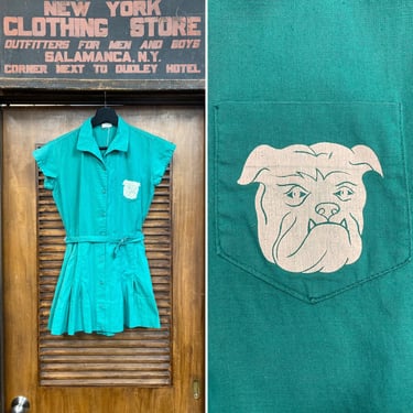 Vintage 1950’s Gym Romper Playsuit Cotton Outfit W Bulldog Transfer, Vintage Gym Uniform, Vintage Dress, 1950’s Cotton, Vintage Romper, Dog 