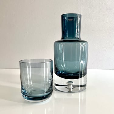 Krosno Crystal Nightstand or Bedside Table Water Decanter, Carafe w Tumbler Cup Lid - Poland, Pitcher, Blue Grey Clear Cased Glass, Bubble 