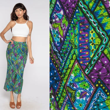 Floral Bohemian Skirt 70s Maxi Skirt Batik Column Skirt Long Skirt High Waist Hippie 1970s Boho Vintage Bohemian Retro Green Purple Small S 