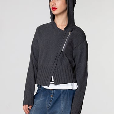 Hooded Knit Zip Front Cardigan in GREY or STONE