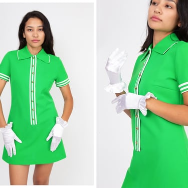 Vintage 1960s 60s Lime Green Gold Button Up Mini Dress w/ Capped Stripe Sleeves // Mod London Style Twiggy 