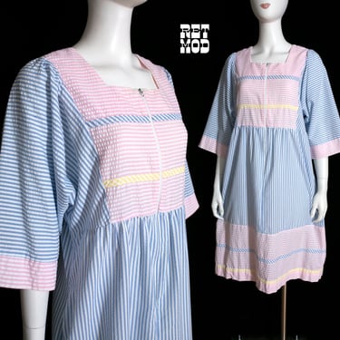 Comfy Cute Vintage 70s 80s Pastel Blue Pink Yellow Seersucker Stripe Boho House Dress 
