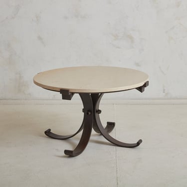 Vintage Round Travertine Coffee Table with Iron Base, France 20th Century