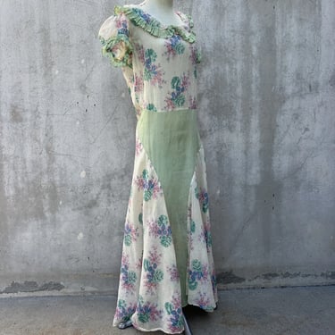 Vintage 1930s Green & Pink Cotton Maxi Dress Short Puff Sleeves Floral Bias Cut