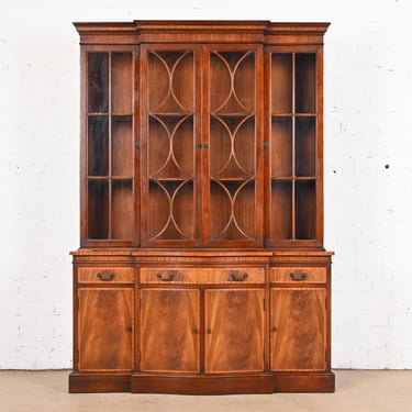 Georgian Carved Flame Mahogany Breakfront Bookcase Cabinet by Fancher, Circa 1940s