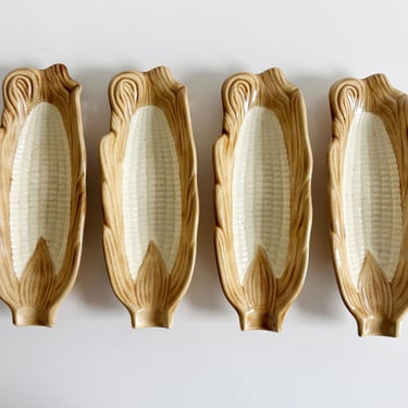 Set of 4 Yellow & Tan Ceramic Corn on the Cob Dishes Vintage 