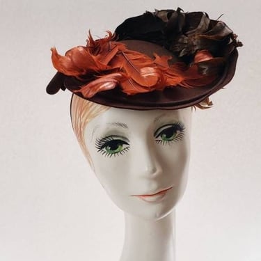 1940s 1930s Brown Wool Orange Leaf Cocktail Hat  / 40s 30s One of a Kind Hat Sculpted Fall Autumnal Northridge Vanderwoorts 