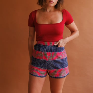 Vintage 50s 60s Striped Cotton Shorts/ 1950s High Waisted Red Blue Shorts with Pockets/ Size XS 25 