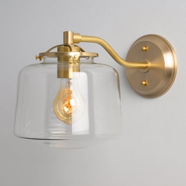 Offset Sconce - Hand Blown Glass -  Wall Sconce Lighting - Schoolhouse Glass - Drum Shade - Clear Glass Fixture 