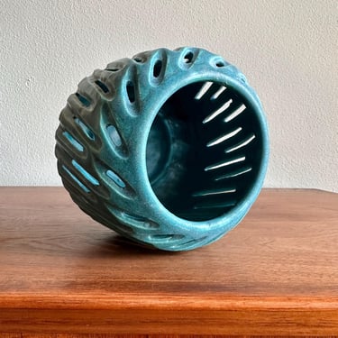 Vintage turquoise candle holder or planter / handmade carved signed pottery container 