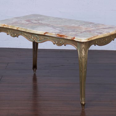 Antique French Louis XV Style Provincial Brass Coffee Table W/ Onyx Marble 