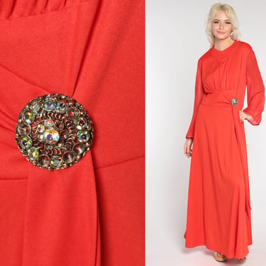 1970s Maxi Dress Red Rhinestone Disco Dress High Waist 70s Boho Grecian Party Long Sheer Sleeve Draped Sash Bohemian Formal Medium 
