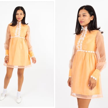 Vintage 1970s 70s Peach Orange Mini Dress w/ Empire Waist, High Neckline, Keyhole Opening, Flared Skirt, Sheer Balloon Sleeves 