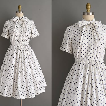 vintage 1950s Dress | White Cotton Blue Polka Dot Shirtwaist Full Skirt Dress | Small 