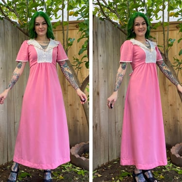 Vintage 1970’s Pink Maxi Dress with Lace Front 