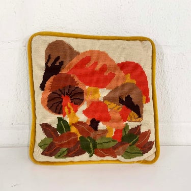 Vintage Mushroom Pillow Needlepoint Square Velvet Accent Yellow Throw Sofa Couch Mustard Small Mid-Century 1970s 