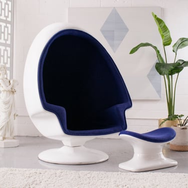 Royal Blue Space-age Swivel Chair with Ottoman