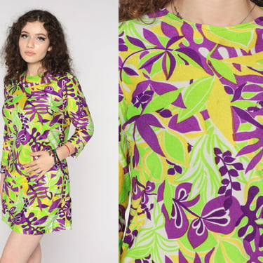 60s Mini Dress Mod Green Purple Psychedelic Dress Boho Leaf Print Dress Vintage Sixties Minidress 1960s Groovy Long Sleeve Bright Small 