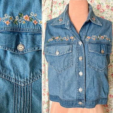 Embroidered Denim Top, Sleeveless, Crop, Floral, Metal Buttons, Vest, Vintage 