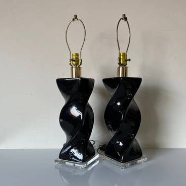 80'sPostmodern Black Swirl Ceramic & Lucite Table Lamps - a Pair 