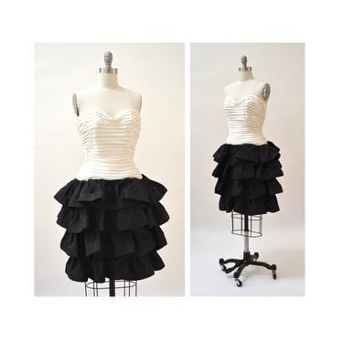 Vintage 90s Party Prom Dress XXS XS Small Black and White Strapless Ruffle Party Dress By Tadashi// 90s  Vintage Black Tie PageantDress 