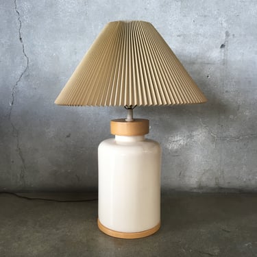 Danish Modern Ceramic & Maple Table Lamp With Pleated Shade