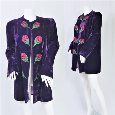 1940's Purple Silk Velvet Sequin Flowers Rose Buds Evening Coat I Opera Coat I Sz Med I Jacket 