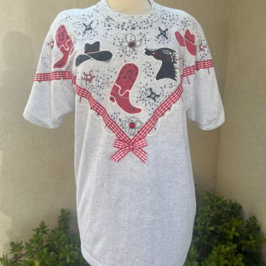 Vintage kitsch cowgirl t-shirt embellished painted OS by India Ink & Paintwork 