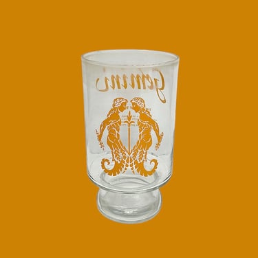 Vintage Gemini Pint Glass Retro 1970s Mid Century Modern + The Sign of the Twins + Clear Glass + Orange Vinyl Image + May/June Birthday 