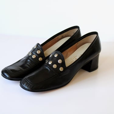 1960s Mod Studded Leather Block Heel Loafers - Vintage DeMura Made in Italy 60s Shoes - Size 7 Narrow 