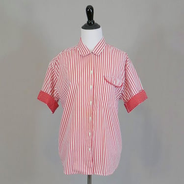 80s Striped Shirt - Red and White Stripes and Polka Dots - Short Sleeves - Oversized Roomy - Tangles - Vintage 1980s - M 