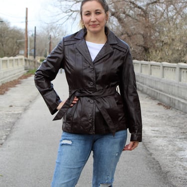 Vintage 1970s Dark Brown Leather Belted Jacket, Short Trench Coat, Medium Women 