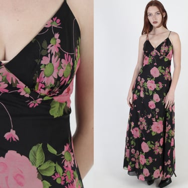 Pink Rose Chiffon Dress / Sexy 70s Low Cut Evening Dress / Thin Spaghetti Shoulder Straps / Sheer Lined Summer Maxi Dress 
