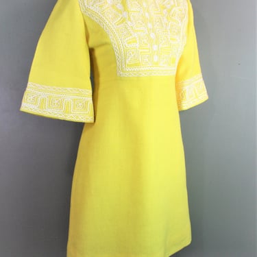 1960-70s, Bell Sleeve, Mod, Neon Yellow , Party Dress, - Soutache Embroidery - by Daisy Wende 