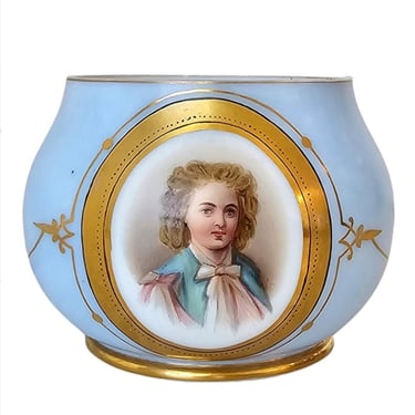 Antique Victorian Blue Opaline Milk Glass Transferware Portrait Dresser Cachepot Planter Small Bowl 19th Century 
