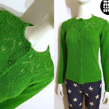 Cute Vintage 70s Apple Green Bouclé Cardigan Sweater by LeRoy 